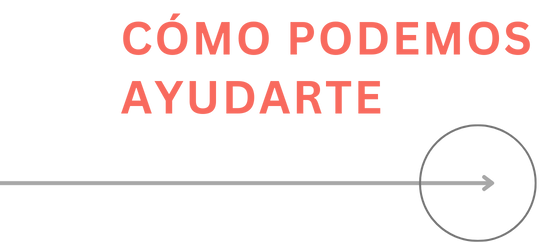 Texto en español: CÓMO PODEMOS AYUDARTE, en negrita roja, sobre una flecha gris que apunta a la derecha, encerrada en un círculo, sobre fondo claro.