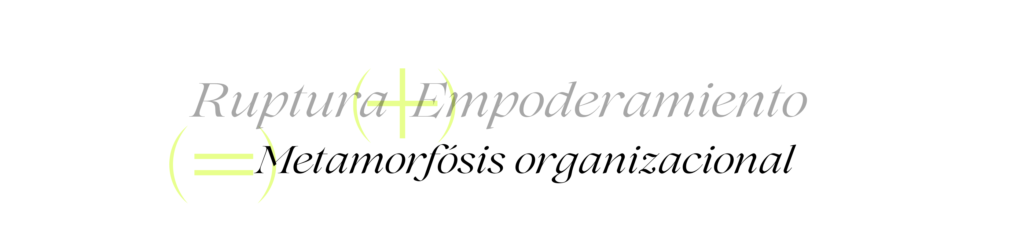 El texto en español dice: Ruptura + Empoderamiento = Metamorfosis organizacional en letra gris y negra, con paréntesis amarillo y signo igual, mostrando la Metodología H-DIMS para una transformación real para empresas.