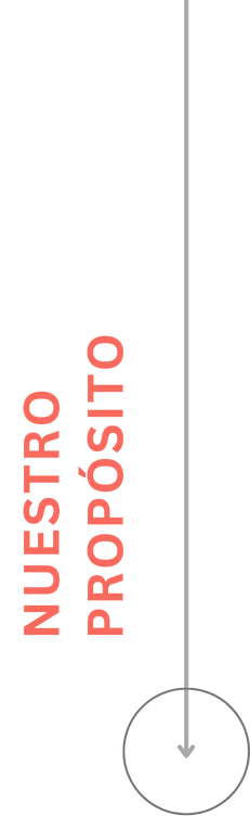 Texto español vertical NUESTRO PROPÓSITO en rojo, junto a una fina línea vertical gris que termina en un círculo con una flecha hacia abajo en su interior, sobre fondo claro.